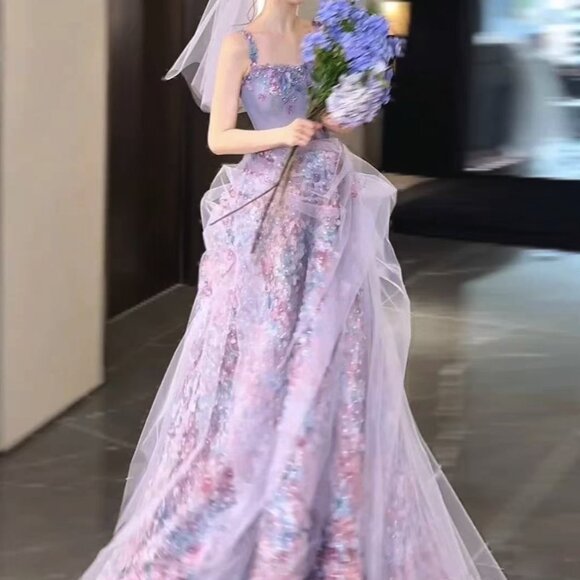 👑Fairy Tale Lilac Purple Ruffled Gown Flower Tulle Dress👑 - Picture 2 of 9